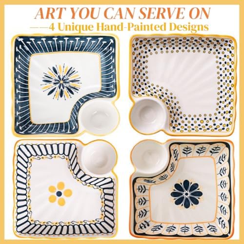 Noamus 4 Pack Dumpling Plate with Dipping Saucer, 7.5" Ceramic