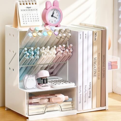 Sooez Desk Organizer with Bookends, Pegboard & Drawer, Pen & Pencil