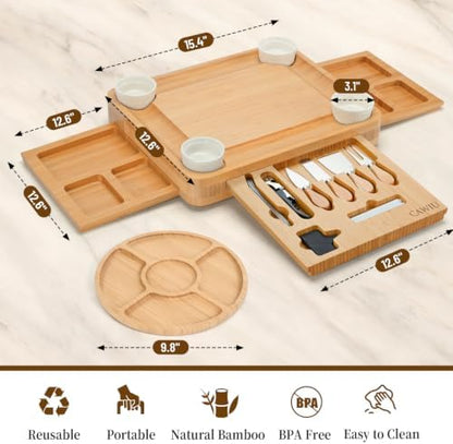 CAWIU Large Bamboo Charcuterie Board Set with Lid, Drawers, Black