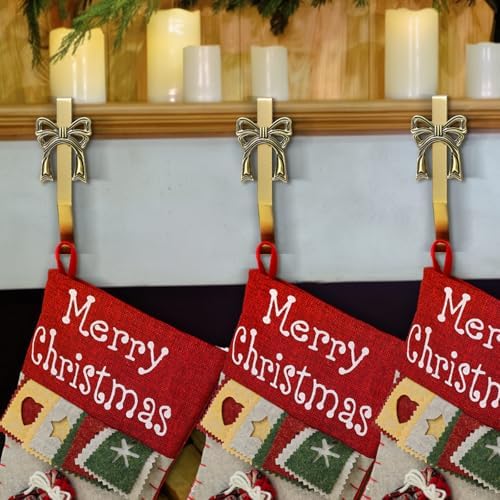 6 Pcs Brass Bow Christmas Stocking Holder, Vintage Mantle Hooks