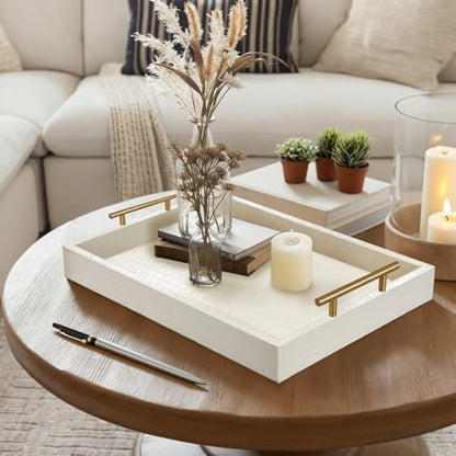 SXNOWS Faux Leather Serving Tray with Gold Handles, 17x12 in
