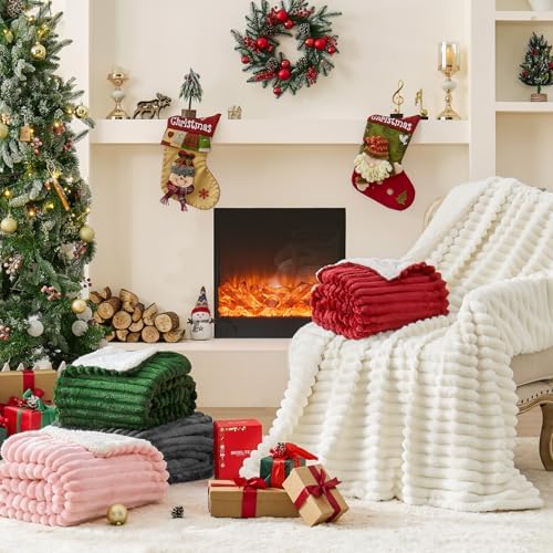 INFIIXSO Striped Sherpa Throw Blanket for Couch, Warm Plush, Pink