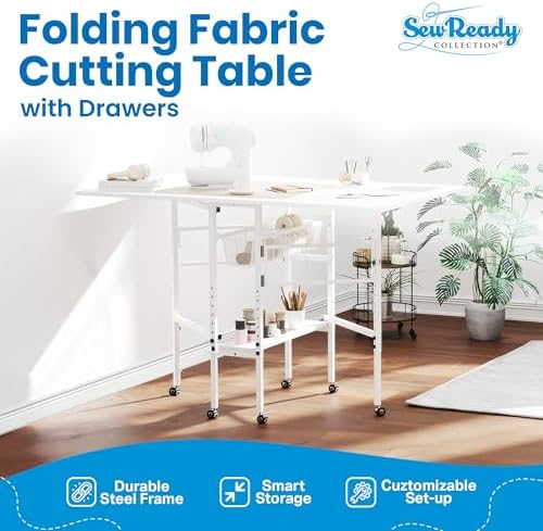 Sew Ready Folding Adjustable Height Sewing Craft Table with Drawers