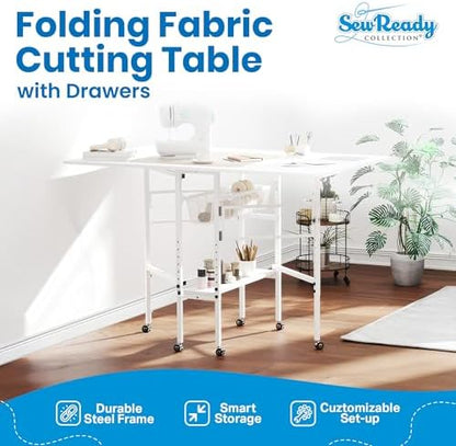 Sew Ready Folding Adjustable Height Sewing Craft Table with Drawers