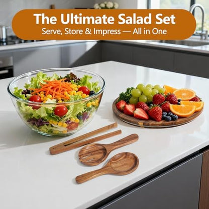 Anyvape 4.8QT Glass Salad Bowl with Lid, Charcuterie Board & Utensils