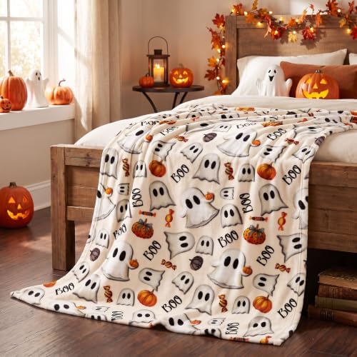 Horaldaily Halloween Beige Pumpkins Candy Ghost Flannel Throw Blanket