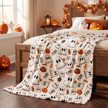 Horaldaily Halloween Beige Pumpkins Candy Ghost Flannel Throw Blanket