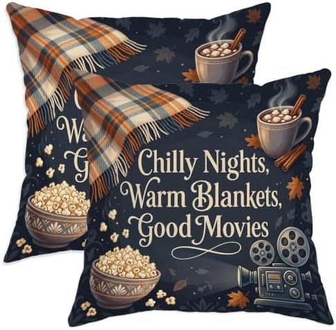 Cozy Movie Night Quote Projector Autumn Throw Pillow Covers 12x12 Set