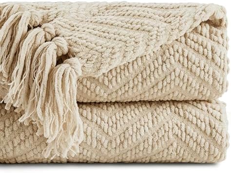 BATTILO HOME Beige Throw Blanket for Couch, Knitted Beige Throw for