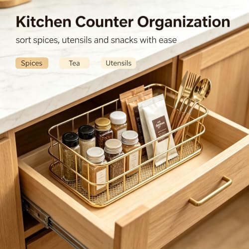 2-Size Gold Metal Wire Basket Tray, Countertop & Desk Organizer for