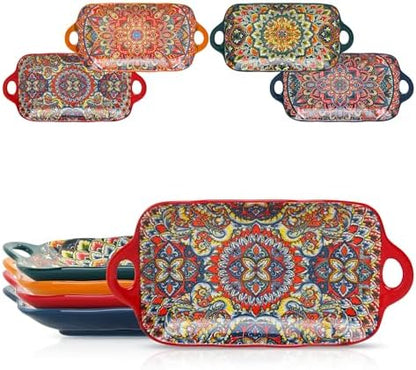 Boho Ceramic Serving Platters with Handles Set of 4, 12.59 Inch Large