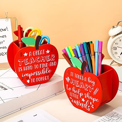Fuutreo 2 Pack Apple Wood Pencil Holder Teacher Desk Gifts, Vivid