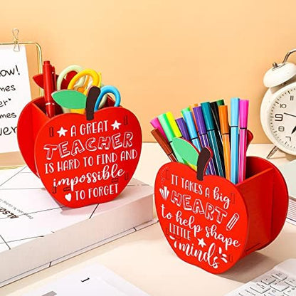 Fuutreo 2 Pack Apple Wood Pencil Holder Teacher Desk Gifts, Vivid