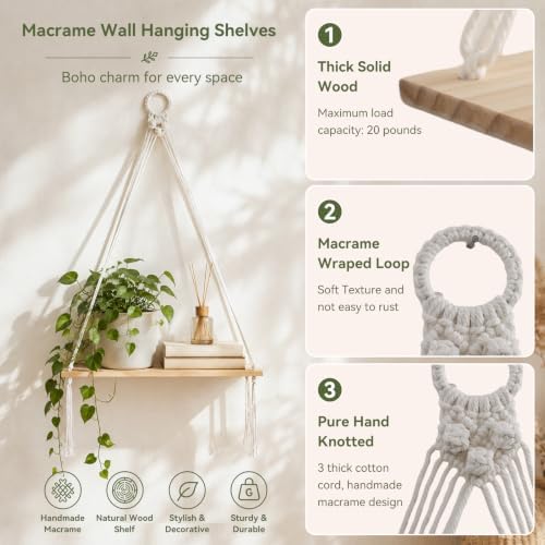 Artilady Boho Shelf Wall Decor Macrame Hanging Floating Shelves for