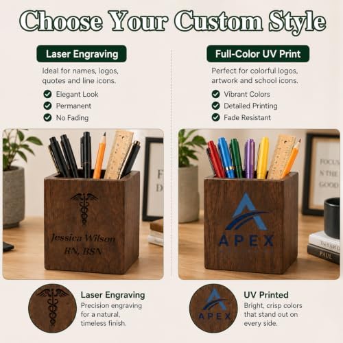 QYH Personalized Pen Holder for Desk, Wooden Pencil Holder Teacher
