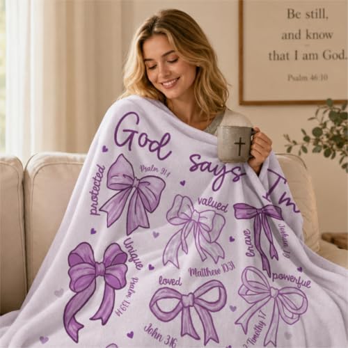 Purple Bow Christian Throw Blanket, Religious Flannel Blanket Gift
