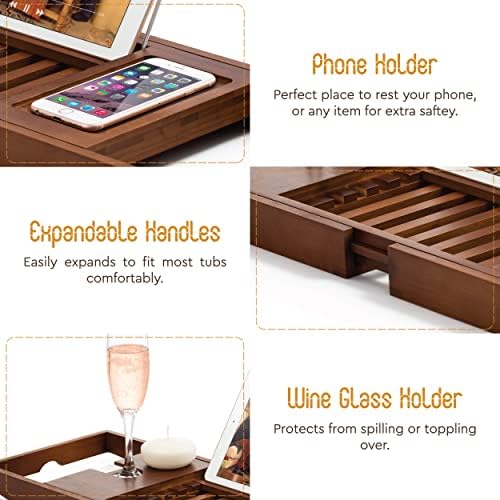 Bamboo Bathtub Caddy Tray - Expandable Waterproof Spa Bath Tray with