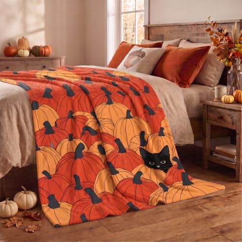 Horaldaily Fall Orange Pumpkin Cat Flannel Throw Blanket 50x60