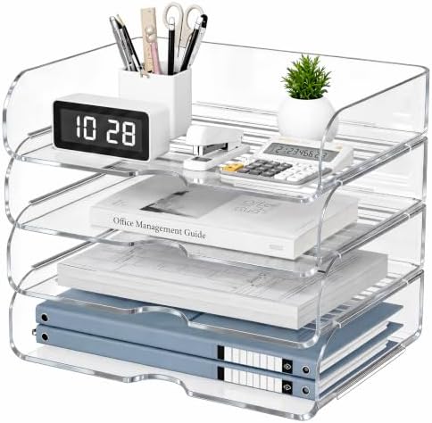 HIYOHIYO Clear Office Desk Organizer for A4 Letter Paper, 4 Tier