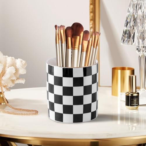 Ceramic Checkered Pen Holder For Desk Cute Stand Gold Line Pencil Cup