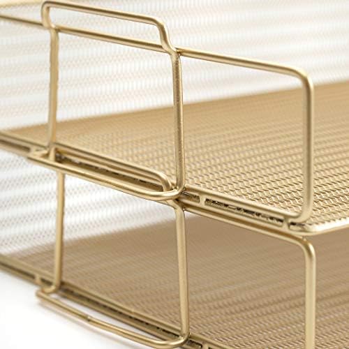 BLU MONACO | Paper Tray Stackable Gold Mesh Set of 2 | Stackable File