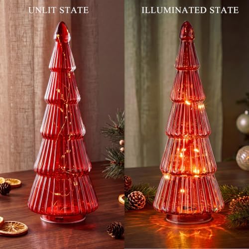 Leitee 3 Pcs Glass Christmas Tree Set with Lights, Burgundy