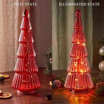 Leitee 3 Pcs Glass Christmas Tree Set with Lights, Burgundy