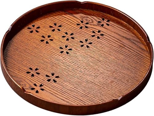 Tea Tray,Round Wooden Cherry Blossom Pattern Tray Japanese Style Food