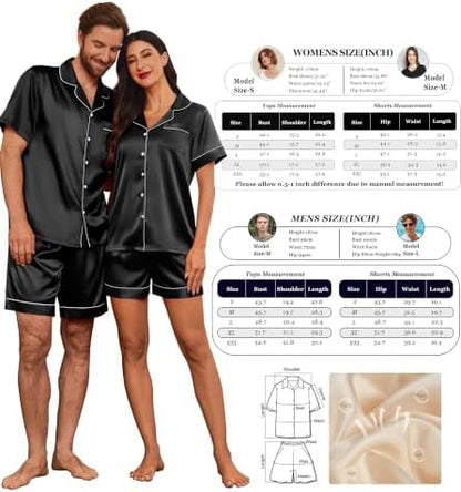 Ekouaer Couple Matching Pajamas Sets Silk Short Sleeve Button Up