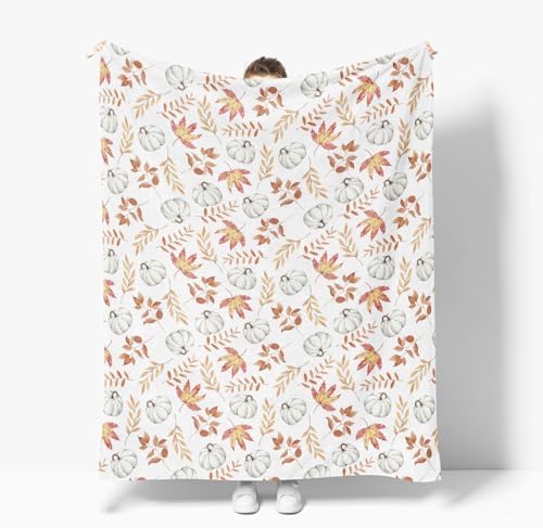 Horaldaily Fall White Pumpkin Orange Leaves Flannel Throw Blanket