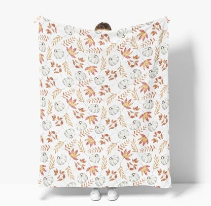 Horaldaily Fall White Pumpkin Orange Leaves Flannel Throw Blanket
