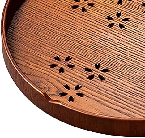 Tea Tray,Round Wooden Cherry Blossom Pattern Tray Japanese Style Food