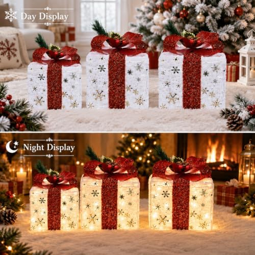 Set of 3 Lighted Boxes, Gold Snowflake