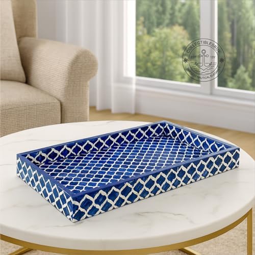 Handmade Blue White Bone Inlay Serving Tray Moroccan Damask