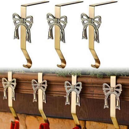 6 Pcs Brass Bow Christmas Stocking Holder, Vintage Mantle Hooks