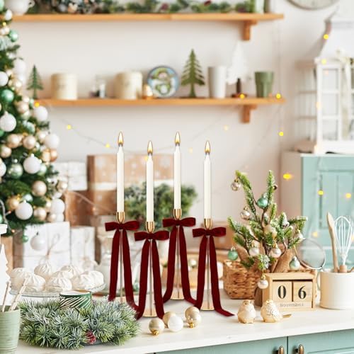 Whaline 12Pcs Velvet Christmas Bows for Candlestick Decor 4" x 12"