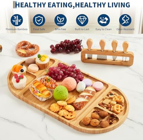 Extra Large Bamboo Cheese Platter Board Set with Magnetic Knife Holder