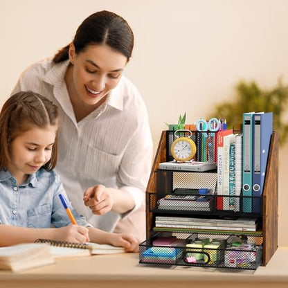 Homsorout Wooden Desk Organizer - Mesh File Organizer with Drawers and