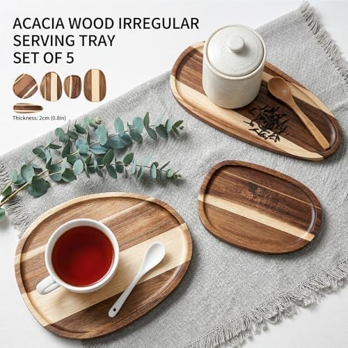 Okllen Set of 5 Small Acacia Wood Serving Platter and Trays, Irregular
