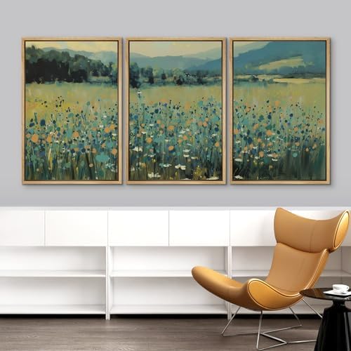 IDEA4WALL Framed Canvas Print Wall Art Set Blooming Wildflower Meadow