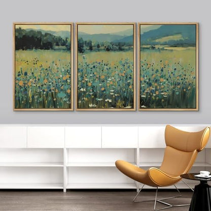 IDEA4WALL Framed Canvas Print Wall Art Set Blooming Wildflower Meadow