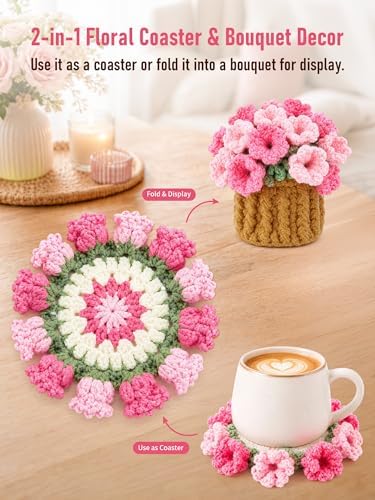 Crochet Flower Bouquet Coasters, Cotton Tulip Gifts for Home Decor 1Pc
