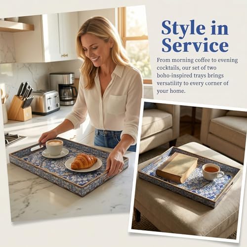 Boho Decorative Tray, Modern Blue Serving Tray with Handles, Ottoman