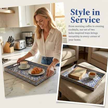 Boho Decorative Tray, Modern Blue Serving Tray with Handles, Ottoman