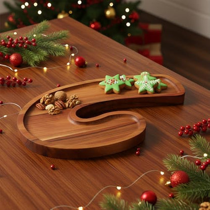 Bokon 12" Candy Cane Shape Christmas Charcuterie Board Wooden Cutting