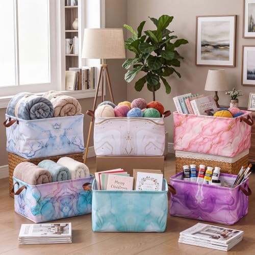 Newtay 6 Pack Marble Collapsible Storage Baskets, 15 in Fabric