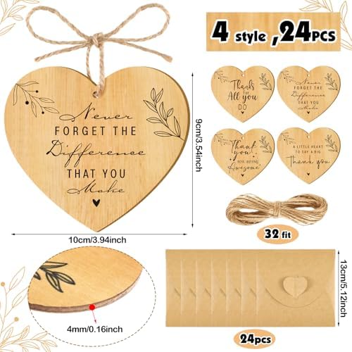 Wesiti 24 Pcs Thank You Gifts Bulk Heart Shaped Wooden Hanging