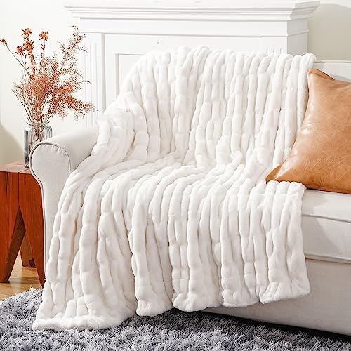 BATTILO Soft Ivory Faux Fur Throw Blanket for Couch, 50"x60", Double