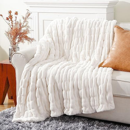 BATTILO Soft Ivory Faux Fur Throw Blanket for Couch, 50"x60", Double