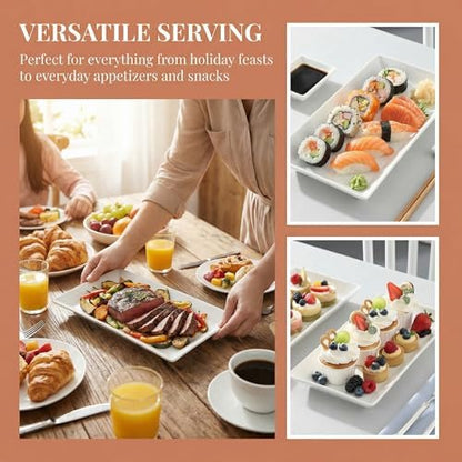 12" Serving Platters Set of 4, White Rectangular Plates, Ceramic